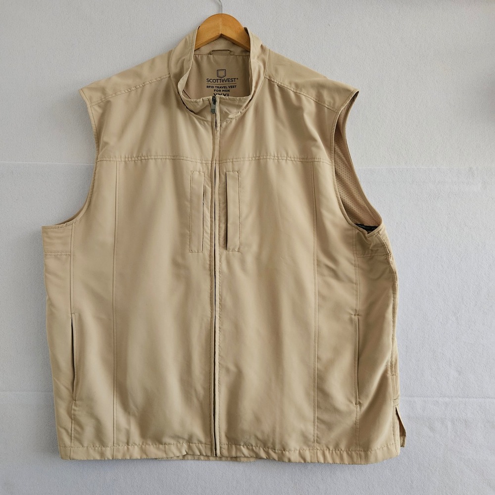 Scottevest RFID Travel Vest Mens XXXL Tan Beige Multi-Pocket Utility Tech Jacket